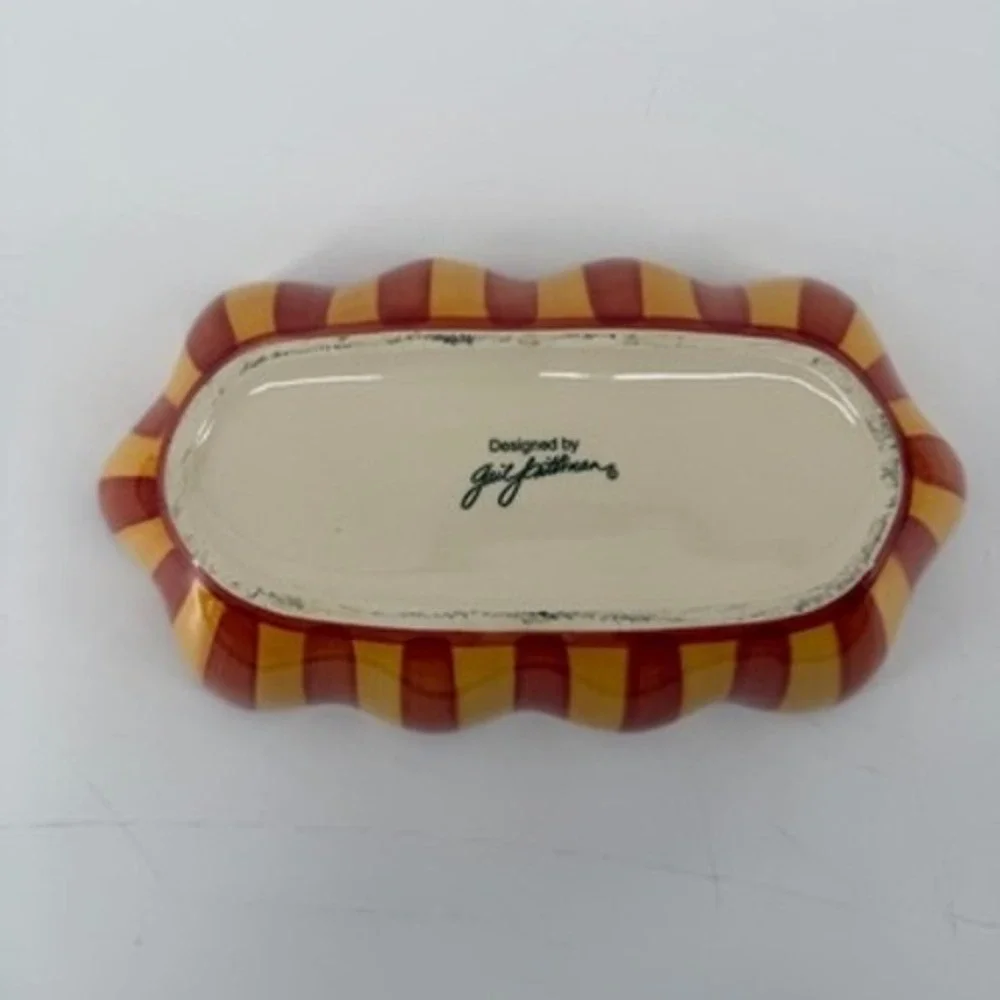 Gail Pittman Hand Painted Ceramic Striped Serving Bowl Scalloped Yellow Red 12in